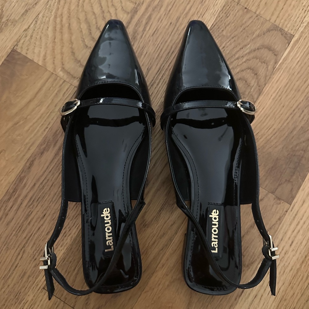 Larroude Black Patent Leather Pointed Toe Mary Jane Slingback Flats